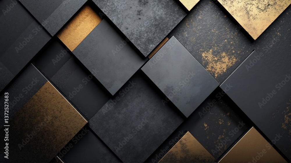 Poster geometric pattern of black and gold textured tiles arranged in overlapping layers on a dark surface.