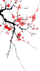Plum blossom in the style of Chinese ink painting, with a red color palette on a transparent background