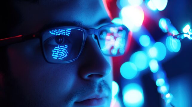 A cryptographer developing next gen blockchain encryption, dimly lit cyber-defense control room with glowing holographic nodes, High-tech style