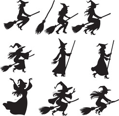 set vector various Broomstick silhouettes, witch flying on a broomstick