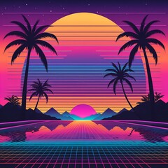 Naklejka premium Retro 80s Synthwave Sunset Landscape