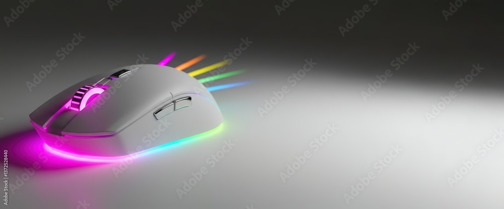 Poster a computer mouse with rainbow lights on it. the mouse is white and has a black and red stripe