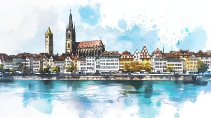 Fototapeta premium Watercolor depiction of a European riverside city with buildings