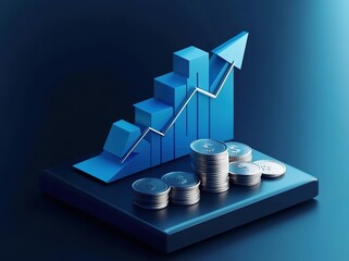 Financial success and economic growth depicted by 3D diagram with stock market investment graph, up arrow digital display, and money profit analysis, highlighting business success and economic trends.