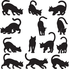 set of black cat, cat, playful, sleeping, walking, fun  silhouette vector illustration with fully editable	
