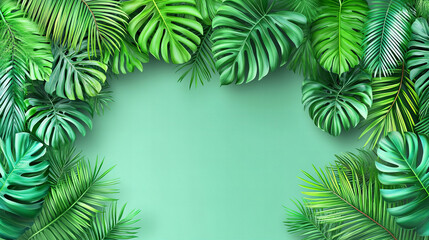 Lush green tropical leaves frame serene background, creating vibrant and refreshing atmosphere perfect for nature themed designs or summer events