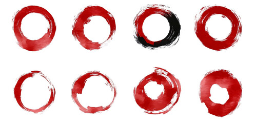 Set of red ink brush stroke circles, in the style of Japanese style on a transparent background