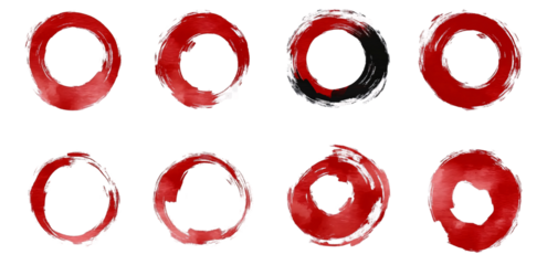 Set of red ink brush stroke circles, in the style of Japanese style on a transparent background