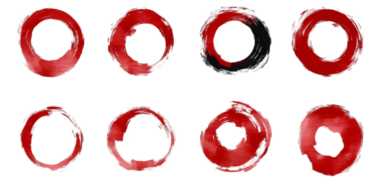Set of red ink brush stroke circles, in the style of Japanese style on a transparent background