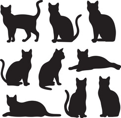 set of black cat, cat, playful, sleeping, walking, fun  silhouette vector illustration with fully editable	
