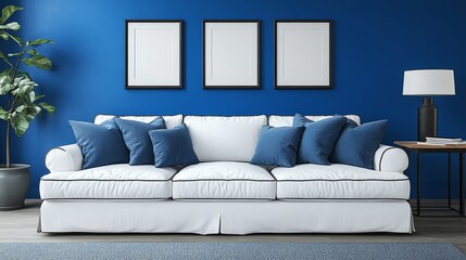 Fototapeta premium Modern Living Room Interior With White Sofa, Blue Pillows And Picture Frames On A Blue Wall.