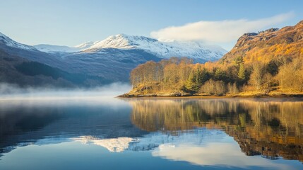 Obraz premium Sunrise over Loch Shiel with mist, snow-covered mountains, and sunlight shining on peaks, reflecting beautifully in the calm water, creating a serene winter landscape.