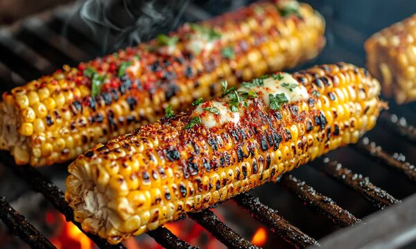 Delicious grilled corn on the cob with melting butter and spice rub on barbecue grill