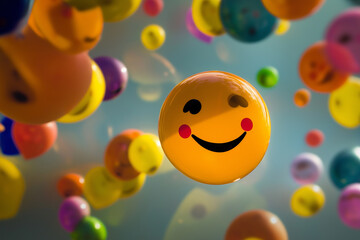 Fototapeta premium Colorful smiley balloons and bubbles floating with happy, cheerful, and joyful expressions