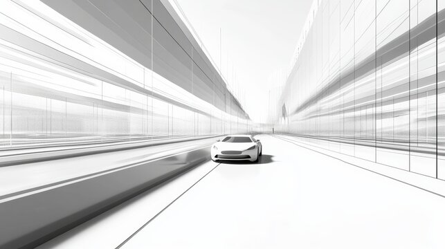 one point perspective Panoramic view with white roads and no structures, road center, no white line, car 