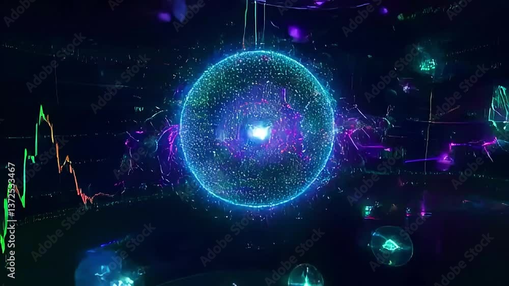 Poster abstract glowing spheres and wavy lines creating modern technological atmosphere