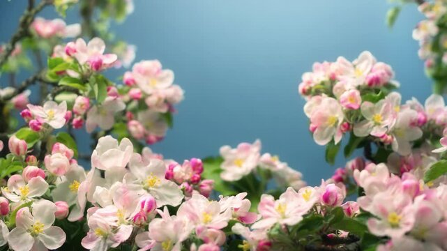 Time lapse closeup of beautiful pink and white blooming apple blossoms on branches, with blue background