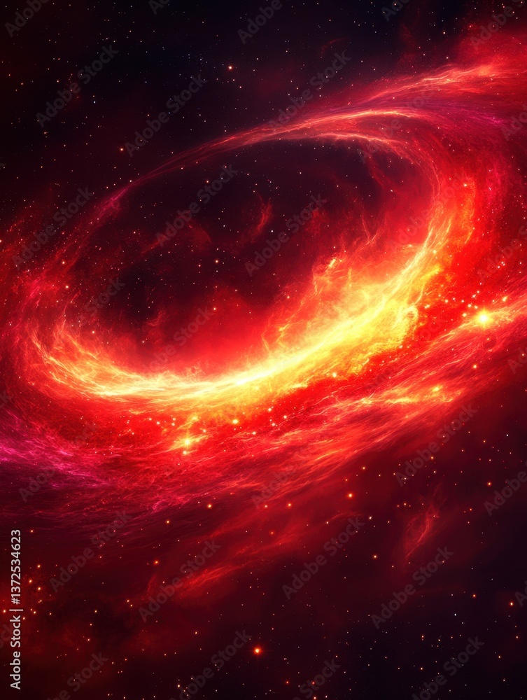 Poster fiery cosmic nebula in deep space with swirling clouds of gas and stardust creating a celestial vort