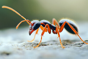Close-up of red ant on gray surface, showcasing detailed texture and anatomy, representing nature's intricate design, ideal for scientific or nature photography themes