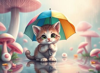 Cat Under Colorful Umbrella in a Rainy Mushroom Forest