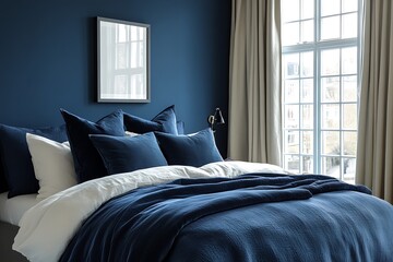 Cozy bedroom setting with blue bedding and a large window