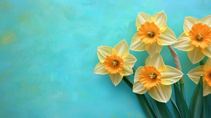 daffodils flowers against an aquamarine background, copy space for text