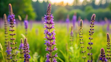 Obraz premium A beautiful flowering meadow sage plant stands tall amidst a lush green background with wildflowers and tall grasses in full bloom , tall grasses, flower field