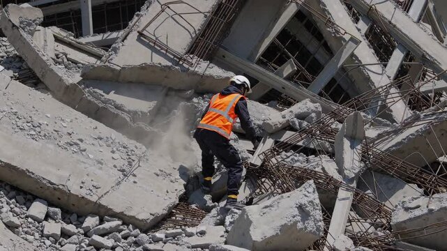 Construction worker inspects building collapse site for safety assessment