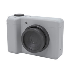 High-resolution image of a sleek grey digital camera, isolated on a black background. Perfect for technology or photography websites.
