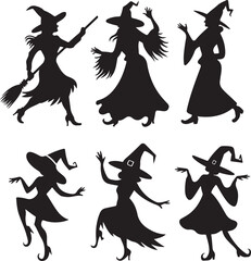 set of vector witches silhouette, dancing, standing cauldron witch silhouette	