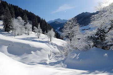 Fototapeta premium Snow-covered forest valley with trees. Blue sky on a sunny winter day