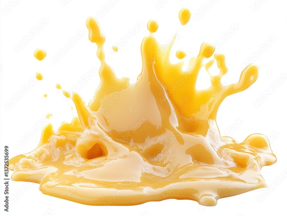 Poster dynamic splash of golden caramel sauce creating a captivating liquid crown on a pristine white backg