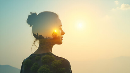 Photo realistic as Person and a sun symbolizing solar energy and sustainability in double exposure with copy space. concept as A person intertwined with a sun representing solar energy and the themes 
