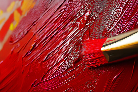 Vibrant paint color strokes with brush on canvas, showcasing art and texture in red abstract design