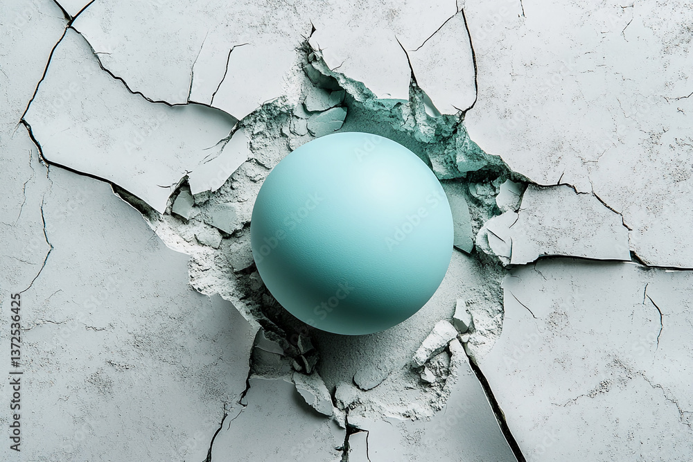 Poster light-blue sphere embedded in cracked, grey surface, creating a visually striking contrast, showcasi