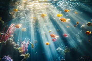 Vibrant underwater scene with sunbeams illuminating colorful fish and coral reef. Perfect for nature, ocean, and marine life themes.