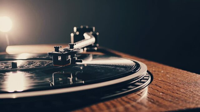Vintage turntable playing vinyl record in warm ambient light
