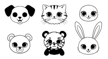 Fototapeta premium Cute animal faces line art, black and white, cartoon character illustration set