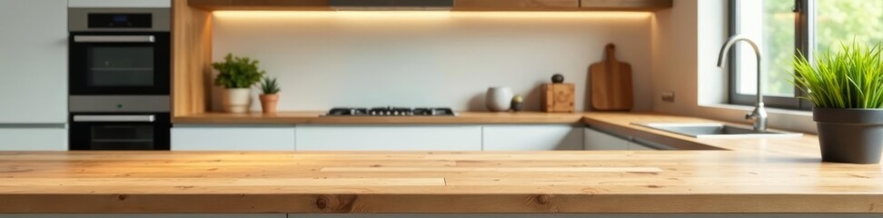 Natural wooden countertop in modern kitchen interior with appliances, cooking, platform, appliances