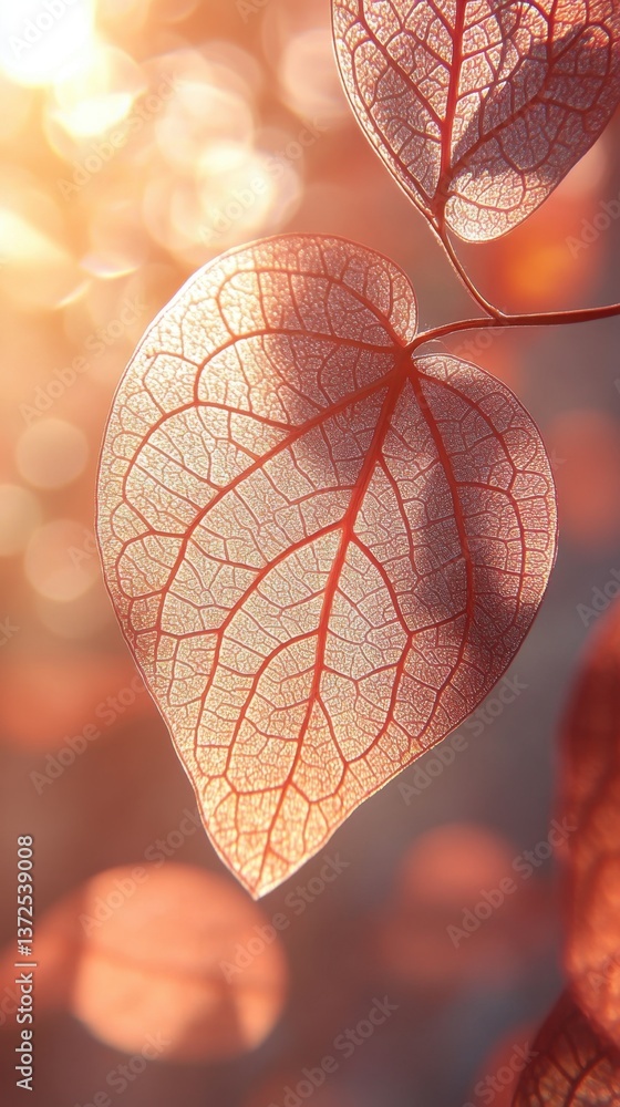 Poster translucent leaf vein structure in warm sunlight with bokeh background capturing delicate beauty and