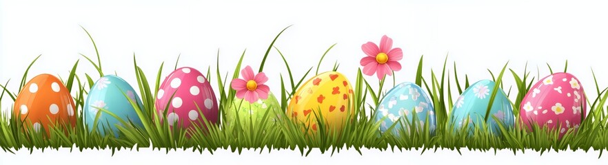 Fototapeta premium Colorful Easter eggs nestled among vibrant green grass and flowers.