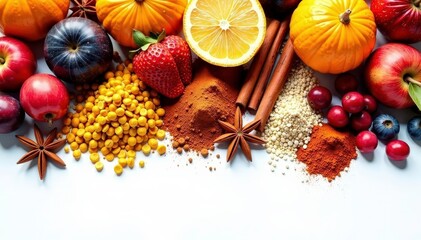 Assortment of dried fruits & spices on white backdrop , cinnamon, flavor
