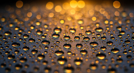 Close-up of water droplets on a glass surface with soft-focus background lights. The droplets are highly detailed with light refractions.