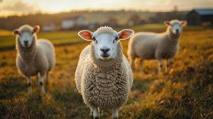 Fototapeta premium Three sheep stand on a sunlit pasture with farm buildings in the background during golden hour. Perfect for wool industry visuals, livestock care materials, and sustainable farming campaigns.