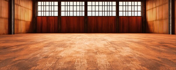 Obraz premium A spacious, well-lit interior with wooden doors and a polished floor creates an inviting atmosphere, ideal for various activities or events.