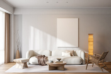 Frame poster mockup in a modern living room interior. 3D rendering, 3D illustration.