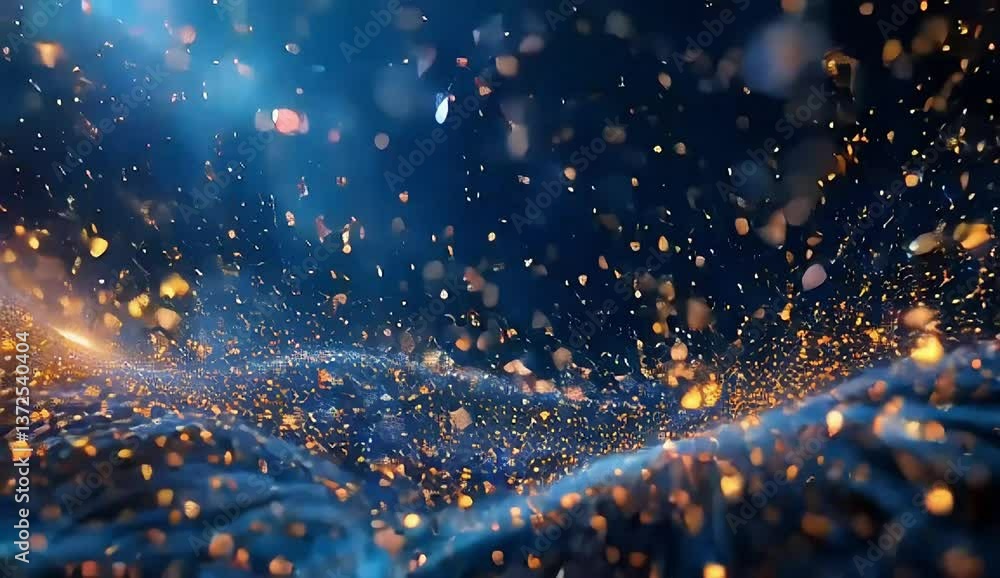 Poster abstract golden particles floating on wavy blue background animation
