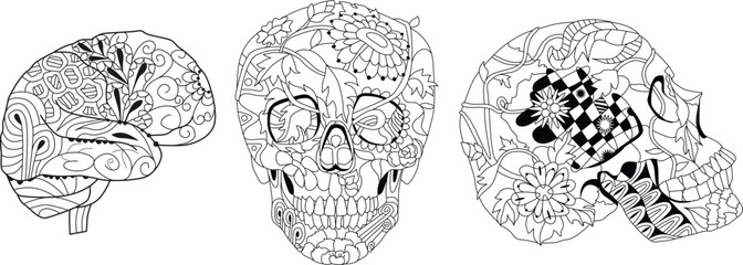 Zentangle stylized brain and skulls. Hand drawn decorative vector illustration for coloring