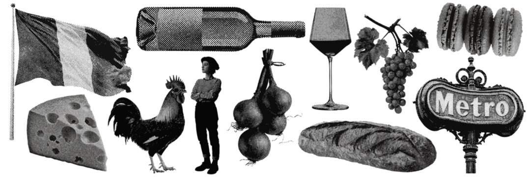 Set of French halftone grunge vector design elements