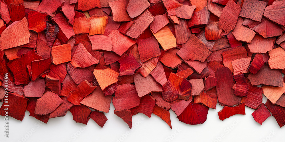 Poster red wood chips scattered on white background, creating a textured pattern. showcase of natural mater